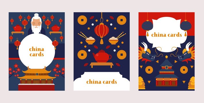 China card vector illustration with Chinese culture symbol like dragon, gold coin, grey elder and traditional ancient building. Template for travel banner, postcard design with east decoration element