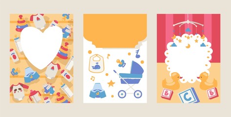 Baby shower invitation set vector illustration with cute greeting or birthday announcement card design for party celebration. Child birth postcard template with frame, toy, duck, bottle and pacifier.
