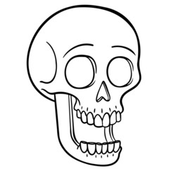 monochrome head of a skull with an open jaw.  isolated, comic, horror, halloween, vector.