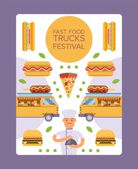 Fast food truck festival vector illustration for banner design with cafe in van service and chef man cartoon character. Street food catering poster template with burger, pizza, taco and corn dog.