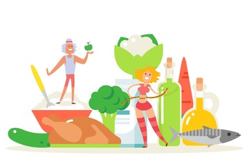 Healthy diet vector illustration with fitness lifestyle and health concept. Man and woman cartoon characters dieting on organic food. Nutrition balance for weight loss. Female with measure tape.