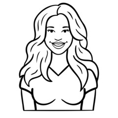 monochrome illustration of a laughing woman with long hair.  Upper body, avatar, vector, cartoon.