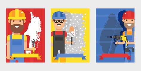 Repairman on banner template vector illustration for repair service. Handyman cartoon character repairing wall smiles. Workers with tools like spatula, wrench, puncher work in uniform and helmets.