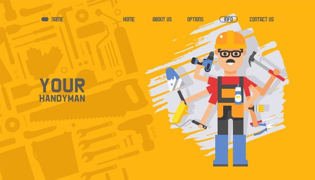 Handyman landing page or website banner template template. Vector illustration for repair service with repairman cartoon character in uniform with six hands holding drill, brush, spatula, hammer.