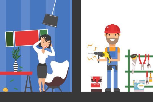 Drill noise from repairman drilling the wall in neighbourhood apartment is loud and makes woman stressed vector illustration. Female cartoon character suffers from sound of construction holding head.
