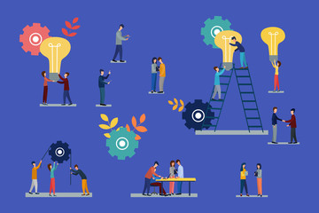 Vector flat illustrations, brainstorming, business concept for teamwork, searching for new solutions, small people looking for new ideas, studying graphics