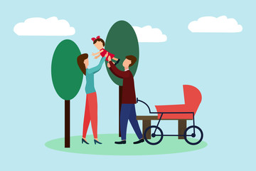 Vector illustration of a family, mother, father, daughter are walking in the park. Complete happy family.