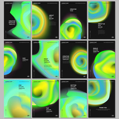 Naklejka premium A4 brochure layout of covers design templates for flyer leaflet, A4 brochure design, report, presentation, magazine cover, book design. Colorful gradient fluid backgrounds with dynamic liquid forms.