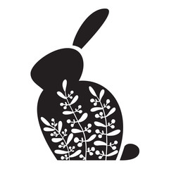 Silhouette of an Easter Bunny with white flowers on it. Black rabbit.