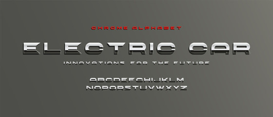 'Electric car' Vector metallic font for banner Auto Salon, technology, sport, etc., Silver Alphabet. Vector illustration.