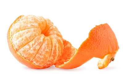 Ripe Mandarin with peeled peel on a white background. Isolated