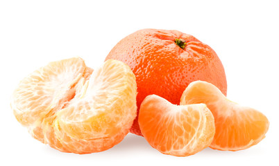 Ripe tangerine peeled half and slices on a white background. Isolated