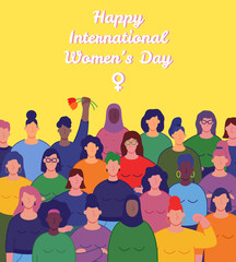 Plakat International women's day. Group of women's with different nationalities and cultures. Women's day concept. Vector