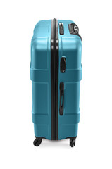 Modern plastic turquoise suitcase on wheels for business trips