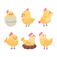 Set of funny cartoon chickens and hens in different poses. A festive set of cute baby animals for Easter.