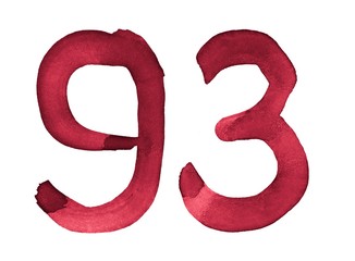 Watercolor numbers, hand-drawn by brush. Burgundy vintage symbol. Template for greetings, design, postcards, decoration.