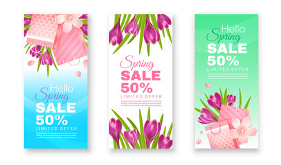 Spring sale flyers . Crocuses and apple blossoms with gift bags on a blue, white and green background. Set of vector flyers.