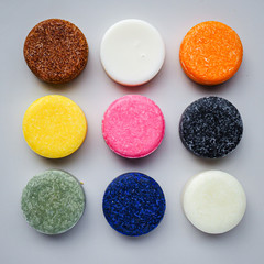 Colorful round solid shampoo bars (zero waste)