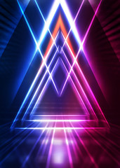 Dark abstract futuristic background. Geometric laser figure in the center of the stage. Neon...