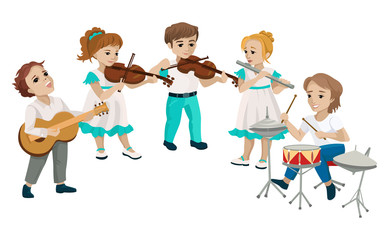 Childrens band playing music on classical instruments. Vector illustration © Veronika