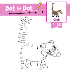 Dot to dot educational game and Coloring book Coati animal cartoon character vector illustration