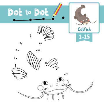 Dot to dot educational game and Coloring book Funny Catfish animal cartoon character vector illustration