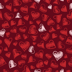 Doodle red and white hearts on maroon background. Seamless vector cute hand drawn pattern for Valentine's day. Suitable for packaging, textile.