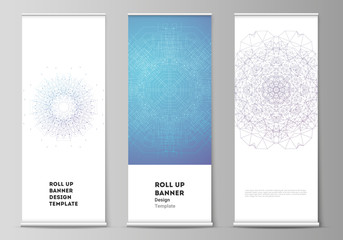 The vector layout of roll up banner stands, vertical flyers, flags design business templates. Big Data Visualization, geometric communication background with connected lines and dots.