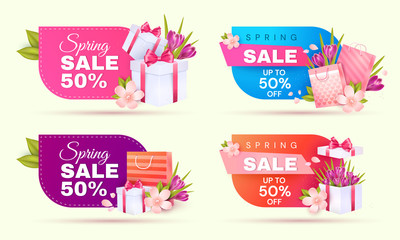 Set of spring sale banners. Crocuses, apple blossoms, gift box and gift bags on a blue, pink, purple and orange background.