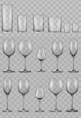 Set of empty glass glasses and wine glasses