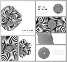 The minimalistic abstract vector layouts of modern social network mockups in popular formats. Abstract 3D geometrical background with optical illusion black and white design pattern.