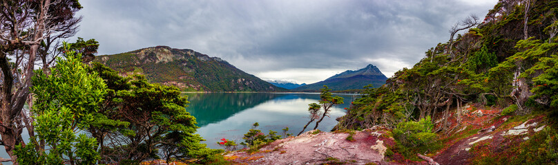 Panoramic view over magical austral forest and turquoise lagoons in Tierra del Fuego National Park, Beagle Channel, Patagonia, Argentina, early Autumn