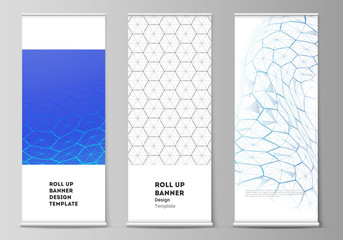 Vector layout of roll up banner stands, vertical flyers, flags design business templates. Digital technology and big data concept with hexagons, connecting dots and lines, science medical background.