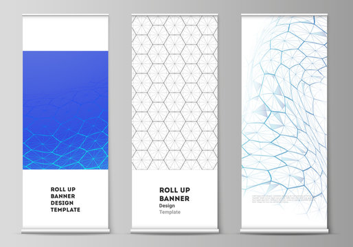 Vector layout of roll up banner stands, vertical flyers, flags design business templates. Digital technology and big data concept with hexagons, connecting dots and lines, science medical background.