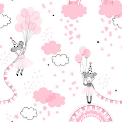 Cute happy birthday girl in pink ballerina skirt, cone hat with a bunch of pink balloons buntings in the dreamy rainbow cloud confetti sky. Whimsical magic party girlish fairy vector seamless pattern.