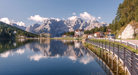 Awesome alpine lake Misurina in summer day. National Park Tre Cime di Lavaredo, Auronzo, Dolomiti Alps, South Tyrol, Italy, Europe. Scenic image of most popular tourist attraction. Nature landscape