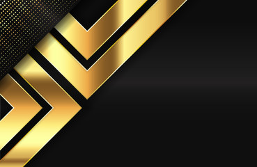 Geometric 3d background with glossy gold element. Vector geometric illustration of golden shapes textured with golden glittering dots. Elegant wallpaper template