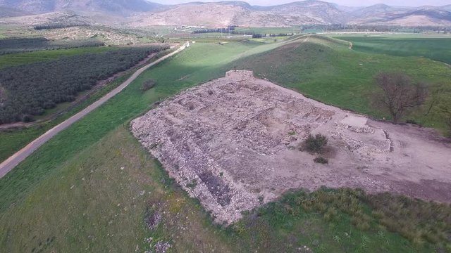 Aerial view of Citadel and watch tower at Tel Hazor. Israel,. DJI-0003-13