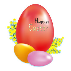Happy Easter. Easter egg .Mimosa Flowers. Isolated white. Vector