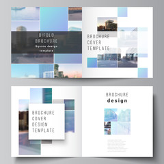 Vector layout of two covers templates for square bifold brochure, flyer, magazine, cover design, book design, brochure cover. Abstract design project in geometric style with blue squares.