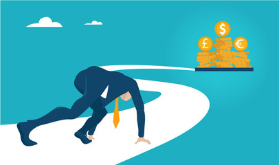 Businessman standing at start line and looking to the finish line with big money prise. Competitive business life, winning and challenging idea.  