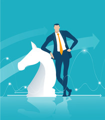 Businessman standing next to chess figure horse as symbol of success