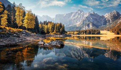Awesome sunny landscape in the forest. Wonderful Autumn scenery. Picturesque view of nature wild lake. Sun rays through colorful trees. Incredible view on Fusine lakeside. Amazing natural Background - 323481941