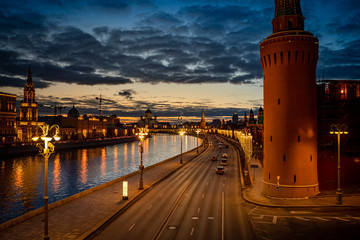 Wide angle view of the city of Moscow with Moscow River and Kremlin at night. Travel destination Moscow, Russia