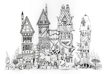 Collection of ink drawing  houses for concept art inspiration. Magic village, fairy houses, fantasy medieval architecture. Conceptual art. 