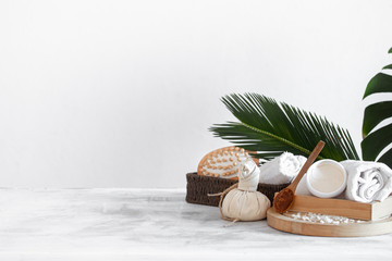 Naklejka na ściany i meble Spa composition with care items on a light background