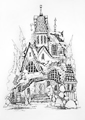 Collection of ink drawing  houses for concept art inspiration. Magic village, fairy houses, fantasy medieval architecture. Conceptual art. 
