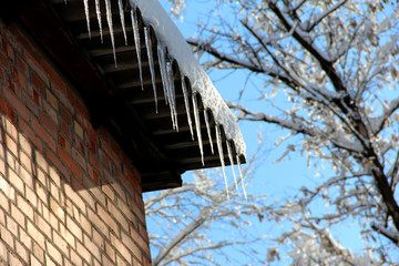 Icicles on the roof of the building