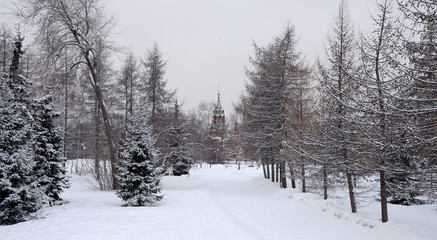 The building of the church in the winter park.