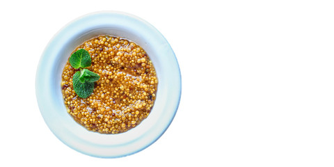 mustard cereal sauce (French or Dijon recipe) menu concept. background. top view. copy space